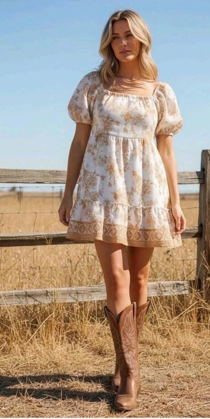 Blu Pepper Orange Cream Floral Cottage-core Puff Sleeve Coquette Dress-Size L